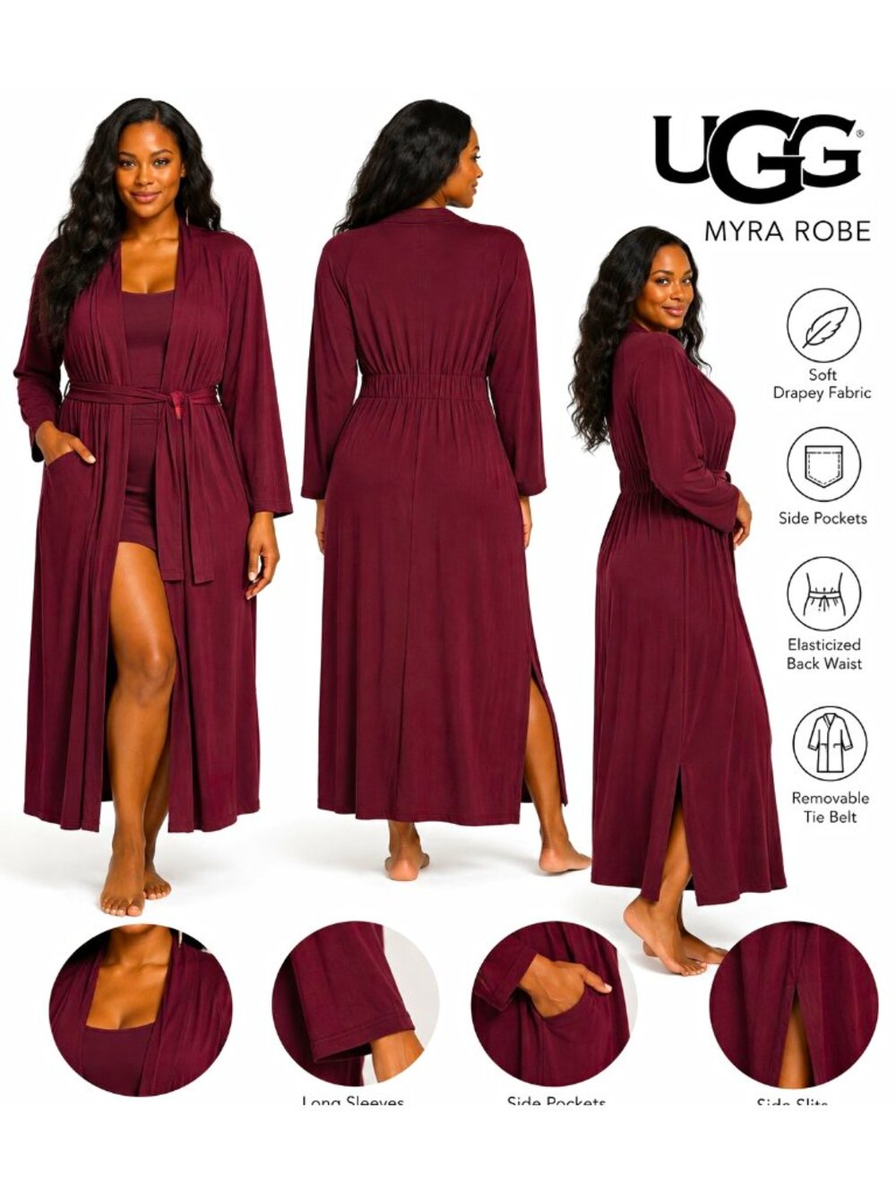 UGG Myra Robe Women’s M Regular Burgundy V-Neck Long Sleeve Tie Belt Pockets